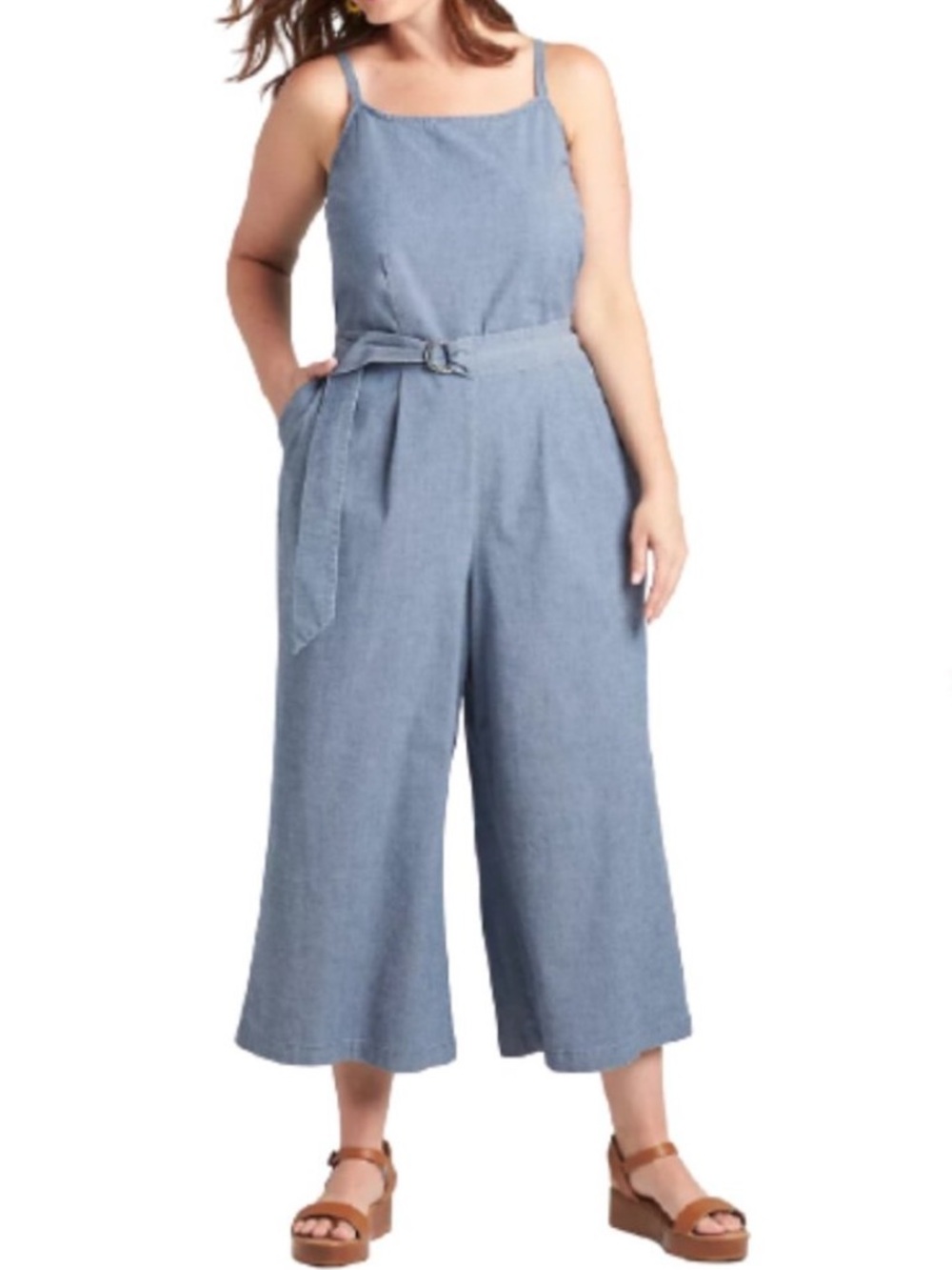 Lane Bryant Blue Chambray Cropped Wide Leg Sleeveless Jumpsuit